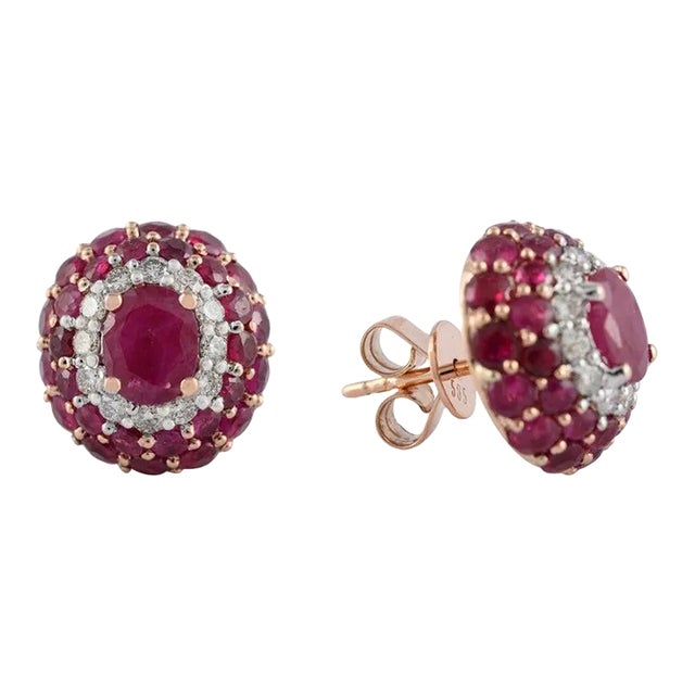 6.93ct Mozambique Ruby Cluster Oval 14k Rose Gold Stud Earrings- 2 Pieces For Sale
