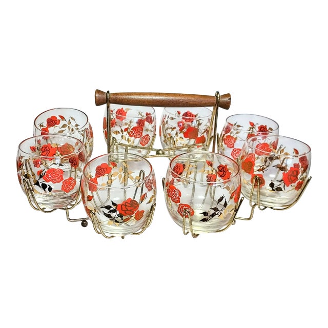 Midcentury Gold & Red Rose Roly Poly Set With Gold & Walnut Carrier- Set of 9 For Sale