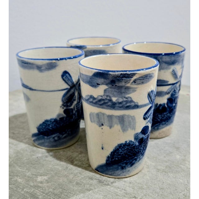 Farmhouse Vintage Delft‑Style Blue & White Windmill Tumblers – Set of 4 For Sale - Image 3 of 7