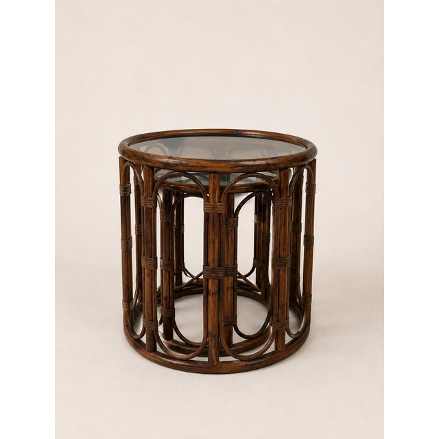 Wood Vintage Mirror and Bamboo Side Tables with Smoked Glass, 1970s, Set of 3 For Sale - Image 7 of 8