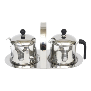 MIchael Graves Chrome, Black Resin and Glass Creamer and Sugar Caddy Set With Matching Tray 90's