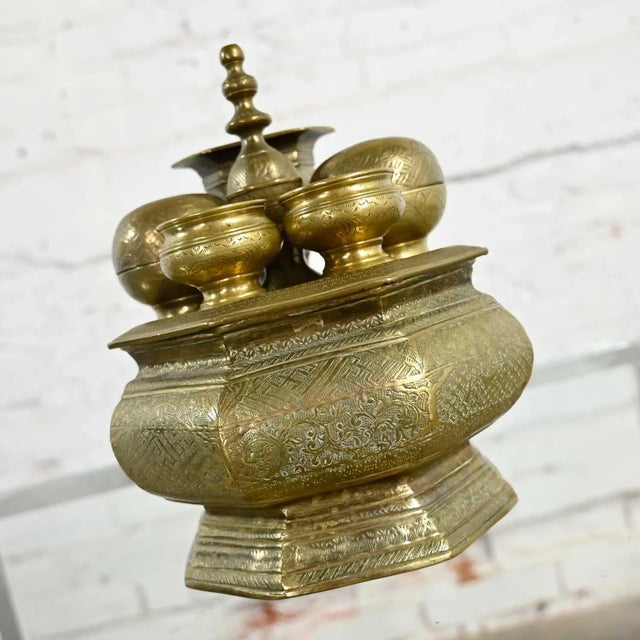 Phenomenal vintage East Java Indonesian brass Tepak Sireh betel nut set including a large brass bowl with removeable lid...
