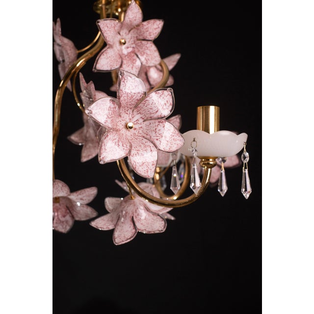 Metal Pink Flowers Murano Chandelier, 1970s For Sale - Image 7 of 12