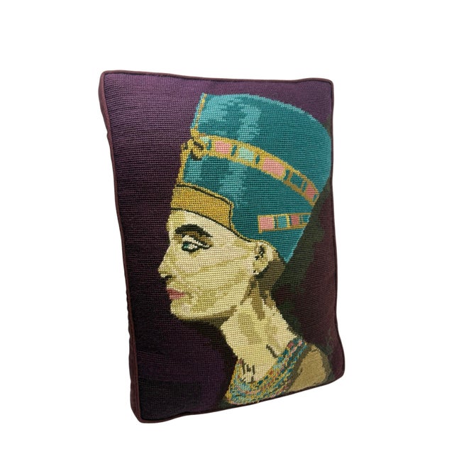 Late 20th Century Vintage Nefertiti Eyptian Needlepoint Pillow For Sale - Image 5 of 9