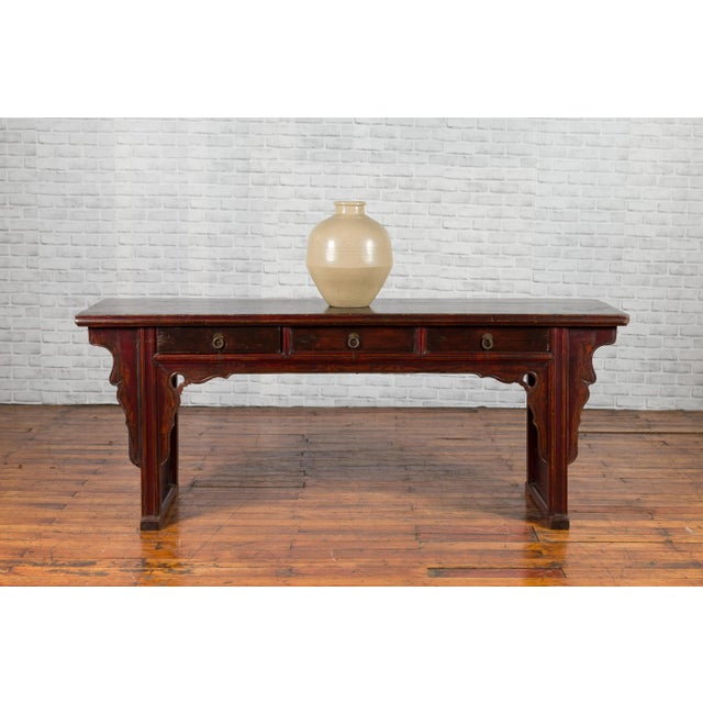 Mid 19th Century Chinese Qing Dynasty Elm Low Console Table with Three Drawers For Sale - Image 10 of 13