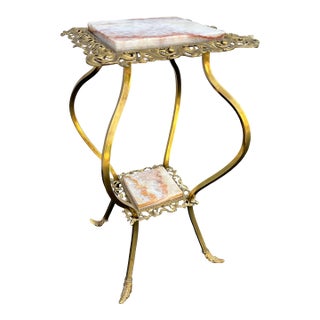 Vintage Two-Tier Brass and Onyx Planter Stand With Gallery For Sale