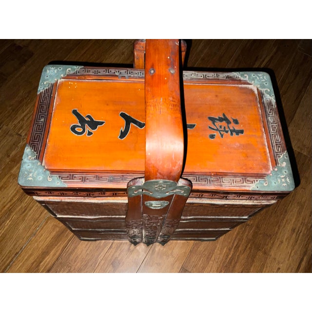 Late 19th Century Antique Qing Chinese Wedding Chest / Dowry Box With Original Brass Sliding Lock and Key, Calligraphy For Sale - Image 5 of 10