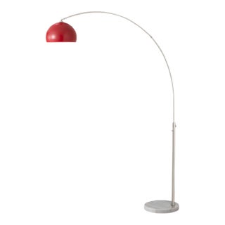 1960s Morelli Adjustable Floor Lamp - Mid Century Modern, Satin Nickel Finish, Crimson Red Half Dome Shade, White Marble Base For Sale