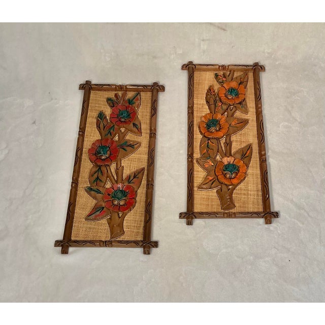 Mid-Century Modern Pair Mid Century Carved Wood Flower Art Wall Hanging Plaques, Tiki Bar Tropical Exotic Decor Circa 50s 60s For Sale - Image 3 of 12