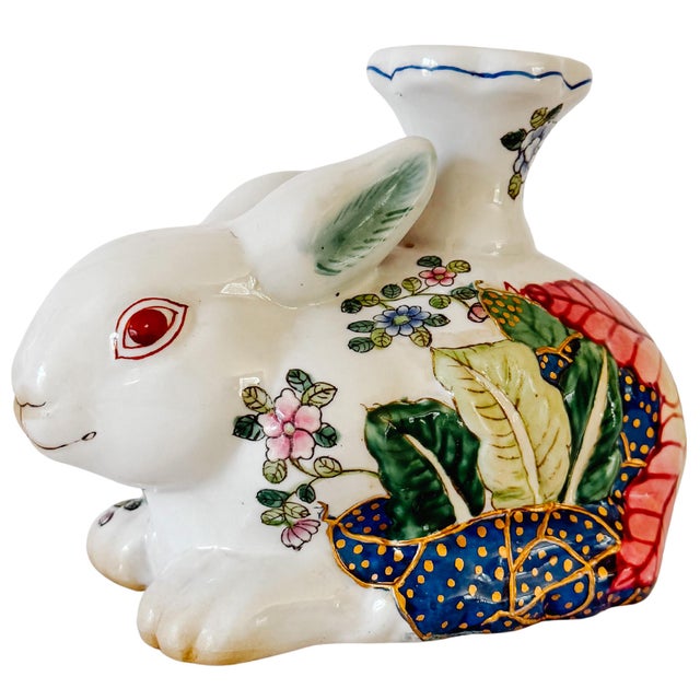 Vintage Hand-Painted Chinoiserie Tobacco Leaf Porcelain Rabbit Candlestick For Sale - Image 4 of 10
