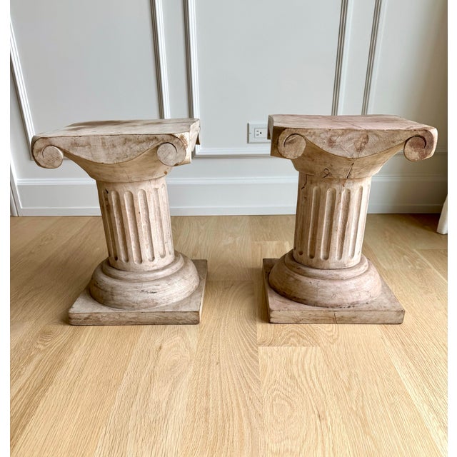 Contemporary Pair of Vintage Sculptural Carved Wood Ionic Column Side Tables / Architectural Pedestals For Sale - Image 3 of 12