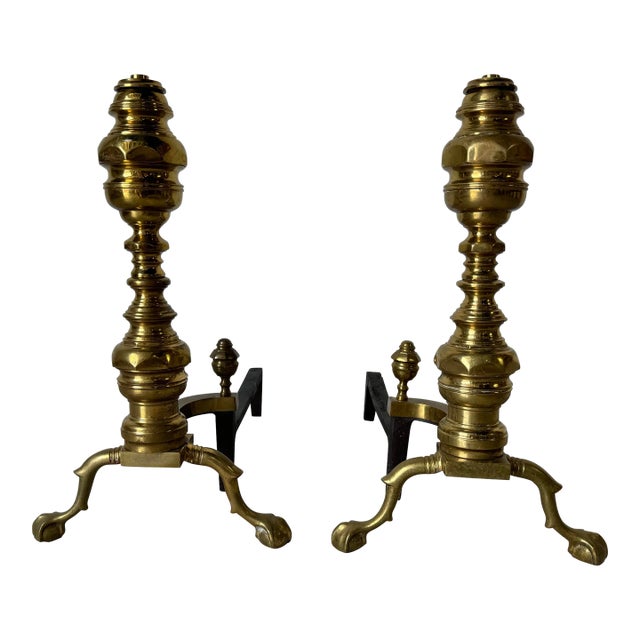 Pair of Vintage American Brass & Metal Andirons With Claw and Ball Feet For Sale