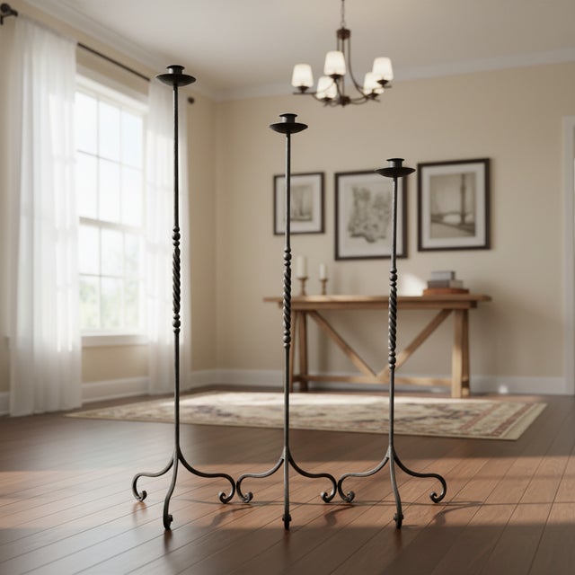 Rustic Hand Forged Iron Candelabra Set of 3 (93-113cm) Antique Copper Finish Barley Twist Stem with Socket and Drip Plate For Sale - Image 3 of 9
