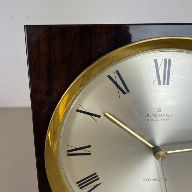 Modernist Wood and Brass Table or Wall Clock attributed to Junghans, Germany, 1970s For Sale - Image 11 of 18