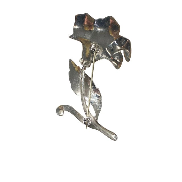 1960s Vintage Sterling Silver Enamel Marcasite Flower Brooch For Sale - Image 5 of 6