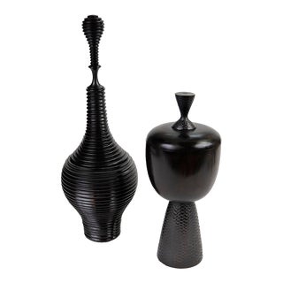 Ebony Carved Vessels / Set of 2 For Sale