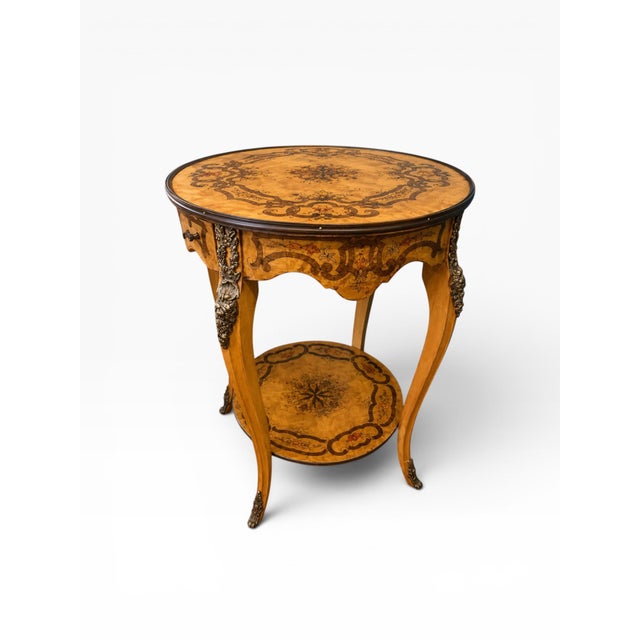 Wood Vintage Italian Marquetry Two-Tier Side Table With Drawer & Bronze Mounts For Sale - Image 7 of 14