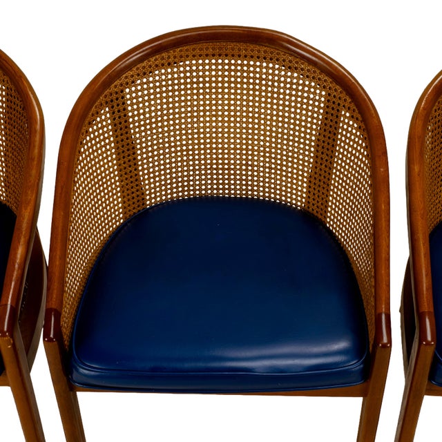 1970s Set of 4 Bent Oak & Cane Tub Chairs on Casters W/ Royal Blue Cushions in the Manner of Ward Bennett For Sale In Tampa - Image 6 of 18