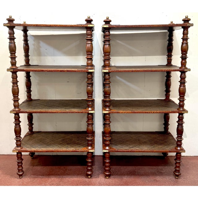 Mid 20th Century Pair of Four-Tier Anglo-Indian Leather, Brass & Rattan Étagères/ Shelves For Sale - Image 5 of 12