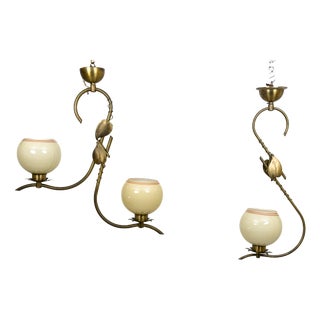 Swedish Modern Brass Pendant Lamps with Organic Leaf Motif, 1950, Set of 2 For Sale