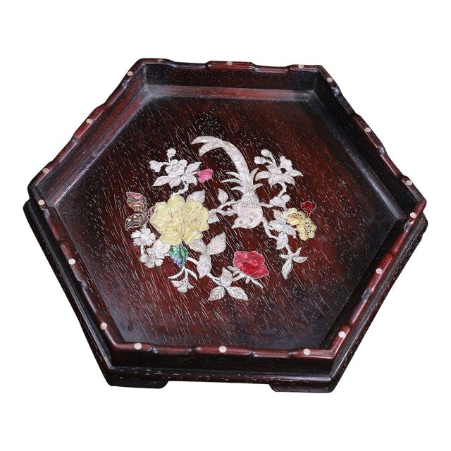 Rosewood Hexagonal Tray Inlaid With Mother-of-Pearl For Sale