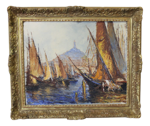 The Port of Marseille, 1950s, Oil on Panel, Framed