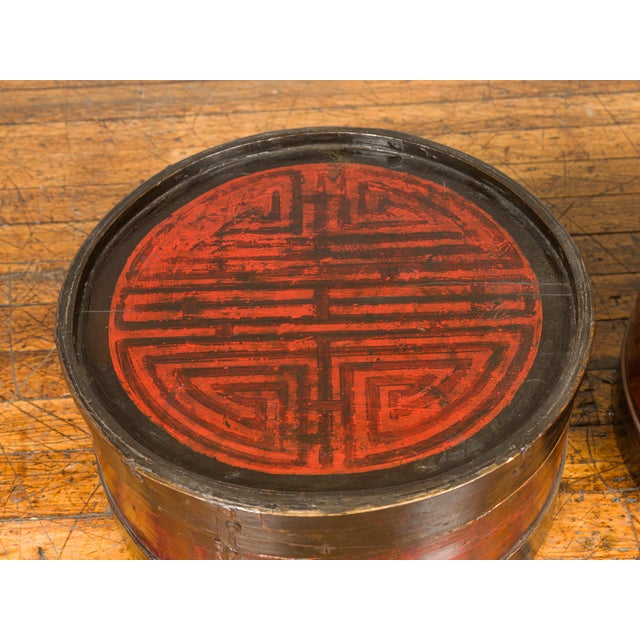 Large Chinese Lacquered Wood Lidded Drum Tables With Geometric Patterns A Pair Chairish