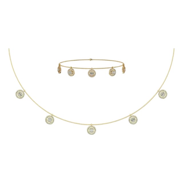 14K Yellow Gold Baguette Round Necklace Bracelet Set 1 Cttw For Sale