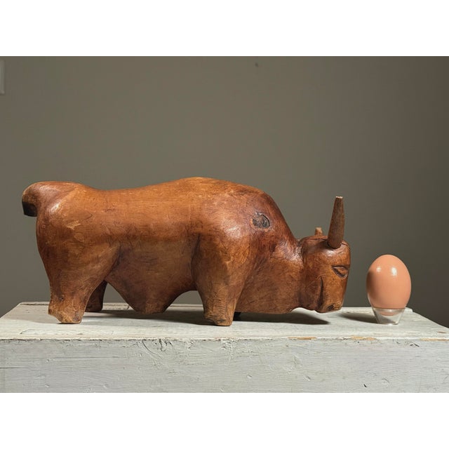 Antique Hand Carved Folk Art Bull Sculpture For Sale - Image 4 of 12
