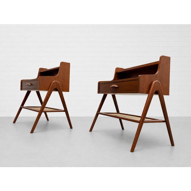 1960s Pair of Mid Century Modern Handcrafted Caned Cabinets | Teak Bedside Tables For Sale - Image 5 of 12