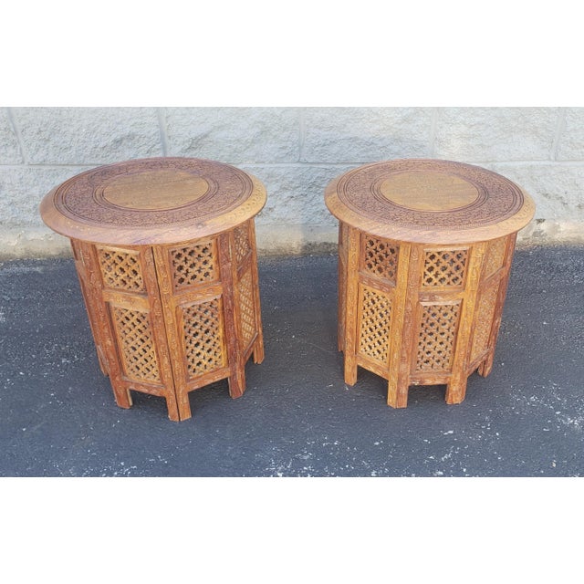 1950s Anglo-Indian Octagonal finely hand Carved Teak Side Table with intricate Brass Inlays in the center top and around...