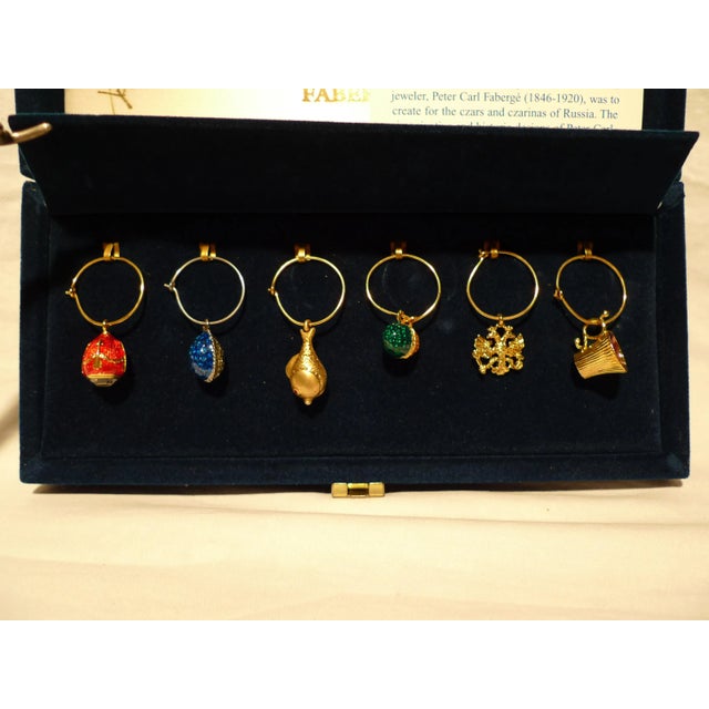 2000s Faberge Assorted Enamel Egg & Crystal Wine Glass Charms, Signed Tatiana Faberge - Set of 6 For Sale - Image 4 of 4