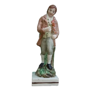 Antique Early 19th Century English Staffordshire Pearlware Figure of a Man Holding a Chicken or Rooster Under His Arm 1800