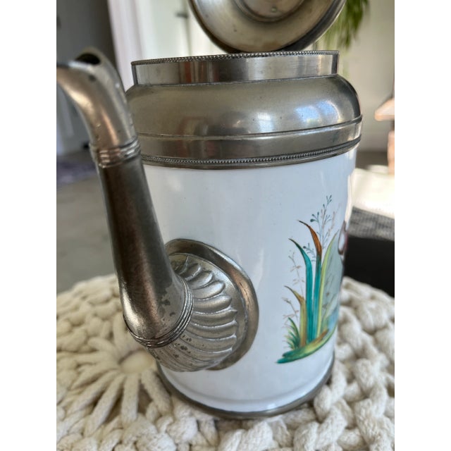 Manning Bowman & Co. Antique Manning, Bowman & Co Painted Heron Enamel & Pewter Coffee Pot C. Late 1800s For Sale - Image 4 of 11