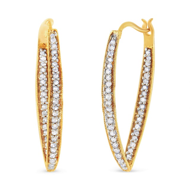Contemporary 10K Yellow Gold 1/2 Cttw Round-Cut Diamond Modern Hoop Earrings (I-J Color, I2-I3 Clarity) For Sale - Image 3 of 6