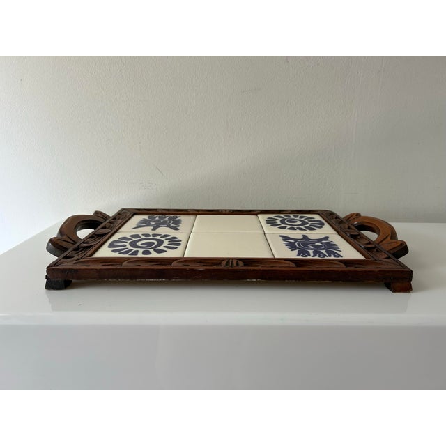 Blue Vintage Mexican Monterrey Tile & Carved Wooden Tray For Sale - Image 8 of 9