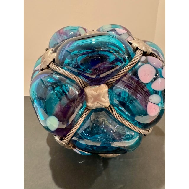 American Bryan Duncan Glass Oregon Coast Large Blown Art Glass Orb, Steel Cable Net, 2003 For Sale - Image 3 of 7