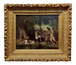 Pierre Charles Poussin -Picnic in the Forest-19th Century French Oil Painting