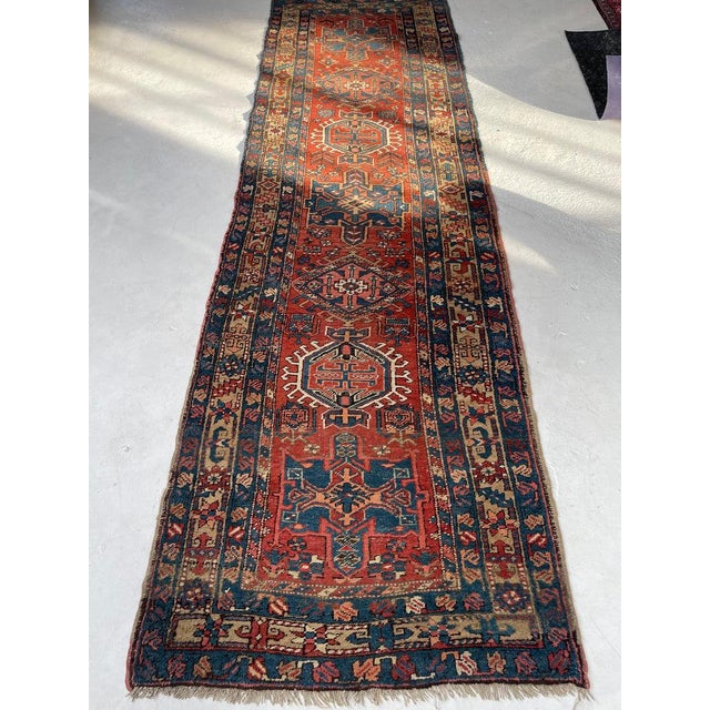 Red Antique Northwest Persian Heriz Runner Rust, Camel, French Blue Rug 3.4 x 10.6 For Sale - Image 8 of 12