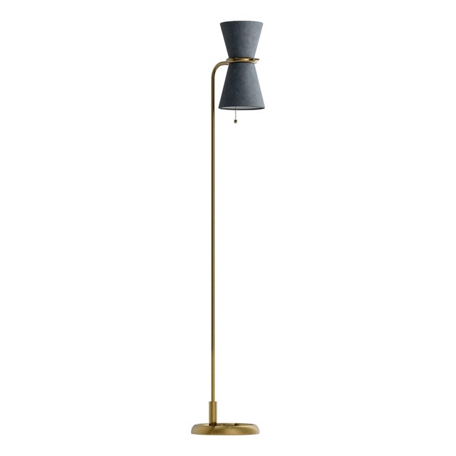 Gable Floor Lamp, Antique Natural Brass with Storm Blue Shade For Sale