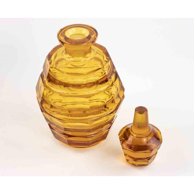 Art Deco Czech Glass Liqueur Set. It includes bottle and 3 glasses. Dimensions of glasses cm. 5x4.5x4.5 Excellent condition.