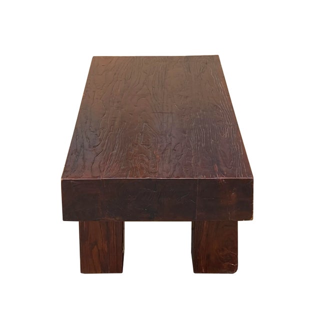2010s Brown Rectangular Bold Thick Wood Rough Grain Coffee Table Bench For Sale - Image 5 of 9