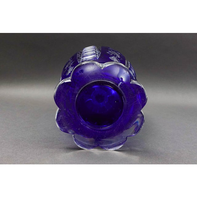 Glass Mid 20th Century Bohemian Czech Cobalt Blue Cut to Clear Crystal Vase With Sawtooth Rim For Sale - Image 7 of 10