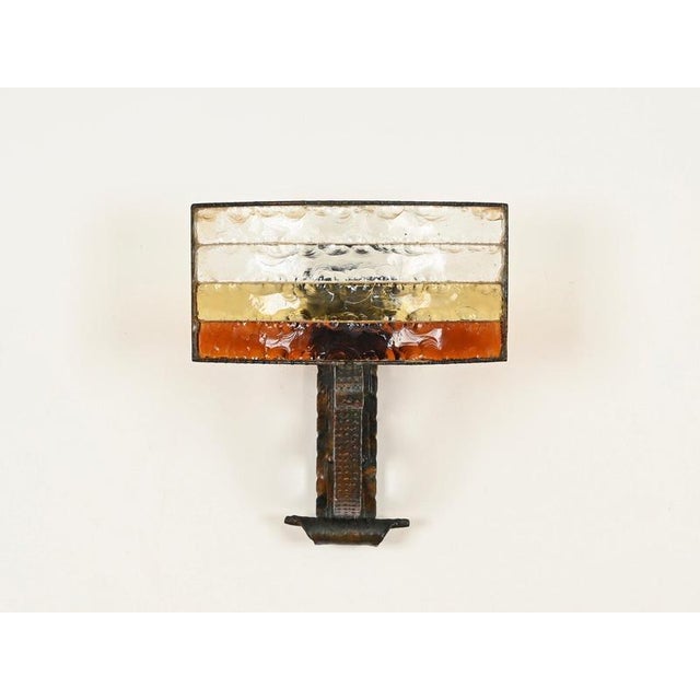 1970s Brutalist Wrought Iron and Amber Glass Sconce attributed to Longobard, Italy, 1970s For Sale - Image 5 of 17