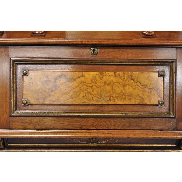 Brown Antique Victorian Burl Walnut Slant Front Secretary Writing Desk With Mirror For Sale - Image 8 of 18
