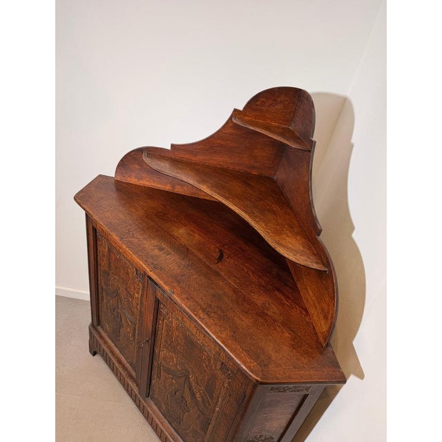 Antique Carved Oak Corner Cabinet with Shelved Top For Sale - Image 3 of 7