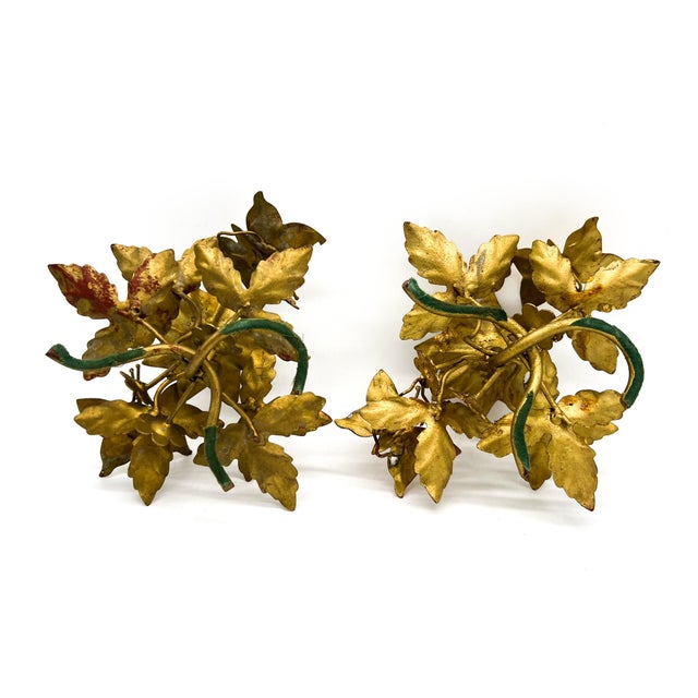 Mid 20th Century Vintage Italian Gold Gilt Tole Butterfly Candleholders, Pair, Hand-Formed Leaf & Vine Candlesticks - Hollywood Regency For Sale - Image 5 of 12