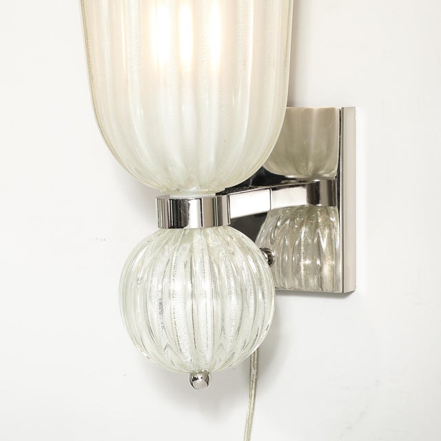 Metal Modernist Hand-Blown Fluted 24k White Gold Fleck Murano Glass & Nickel Sconces For Sale - Image 7 of 13