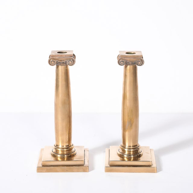 This exquisite pair of Art Deco solid bronze Corinthian-style candleholders, crafted by the esteemed Gorham Manufacturing...