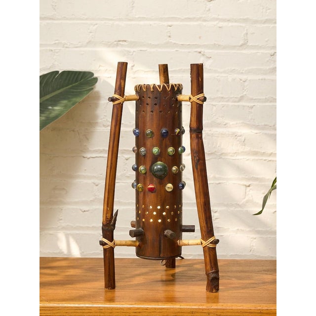 Mid 20th Century Vintage 1970s Bamboo & Rattan Sculptural Table Lamp With Glass Cabochons. For Sale - Image 5 of 12